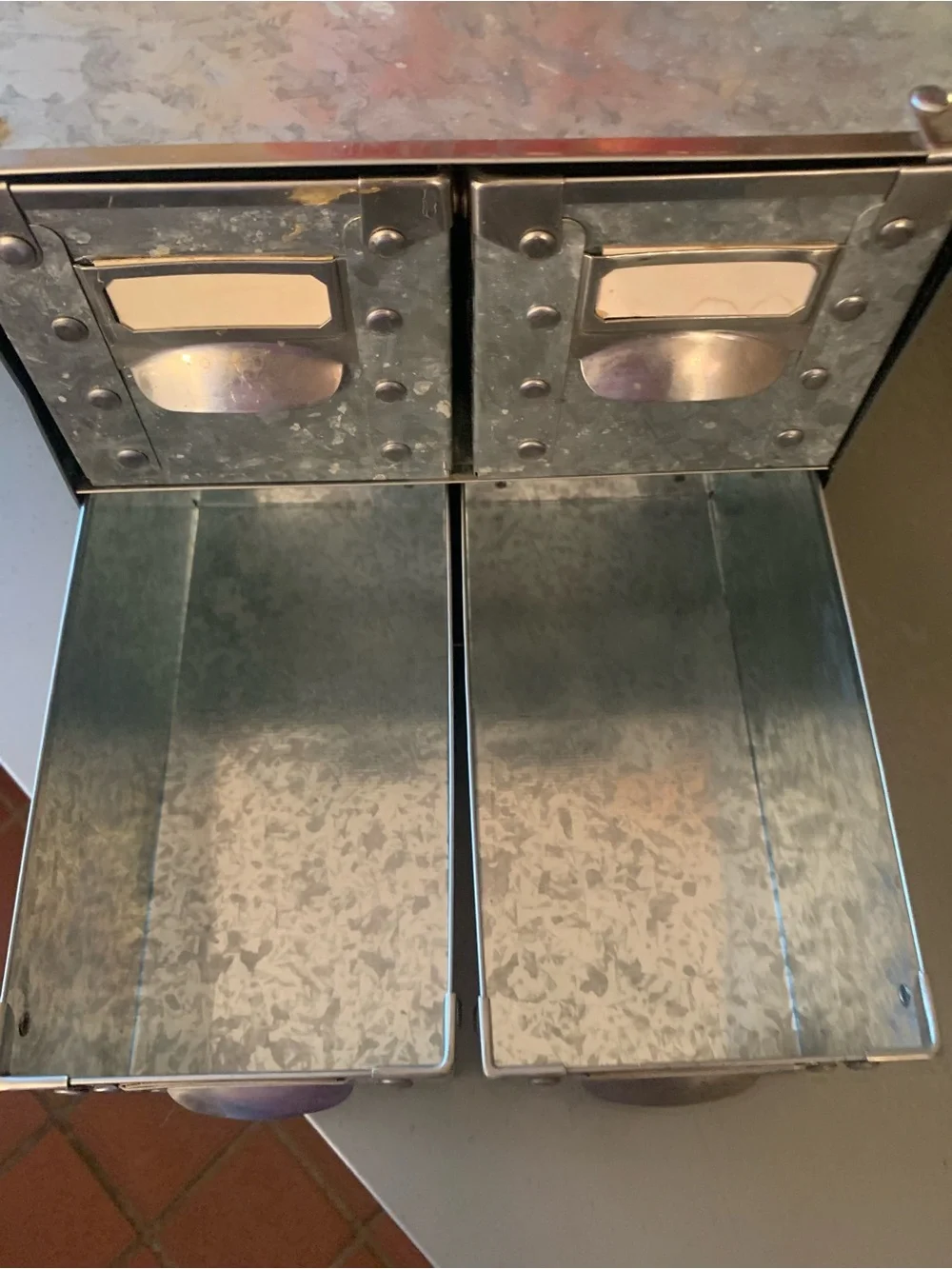 Galvanized metal desk top, inset label holders 4 drawer storage chest metal pull